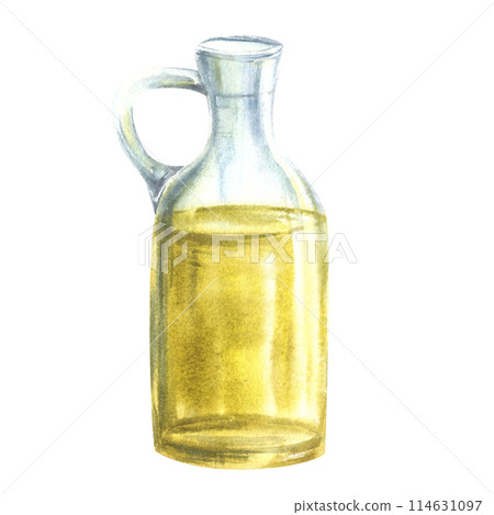 Watercolor olive oil in glass bottle, carafe, jug. Vegan fat vegetable sauce. Watercolor hand drawn illustration for labels, restaurant menus, cooking food sticker. Isolated clipart white background. 114631097