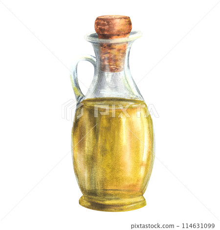 Watercolor olive oil in glass bottle, carafe, jug with cork. Cooking oil or fat food vegetable sauce. Hand drawn illustration for packaging labels, restaurant menu. Isolated clipart white background. 114631099