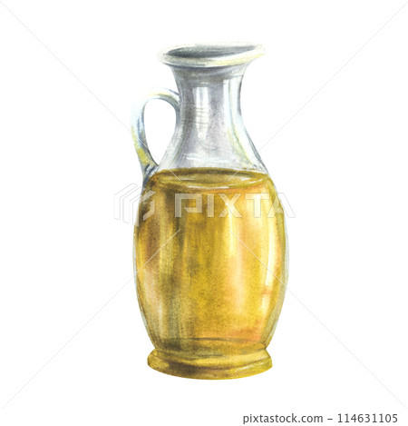 Olive oil in glass bottle, carafe, jug Cooking food fat vegetable sauce Watercolor hand drawn illustration for packaging labels, restaurant menus, vegan sticker Isolated plant clipart white background 114631105