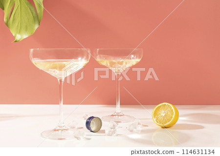 ocktail with a lemon with beautiful shadows and highlights on a white background and palm leaves. Vertical banner with a copy space for your text 114631134