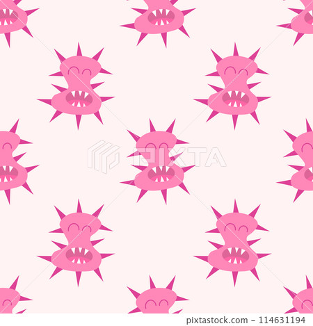 Seamless Pattern with Cute cartoon character virus, bacteria, microbe. Microbiology organism funny face wallpaper. Mascot expressing emotion background. Vector children illustration in flat design. Seamless Pattern with Cute cartoon character virus, bacteria, microbe. Microbiology organism funny face wallpaper. Mascot expressing emotion background. Vector children illustration in flat design. 114631194