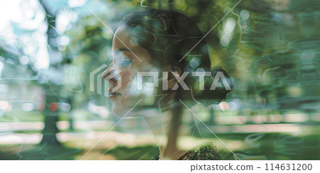 Mental health concept - A visual where normal daily activities are overlaid with translucent images of the same person not interacting, suggesting a split between one's actions and feelings 114631200