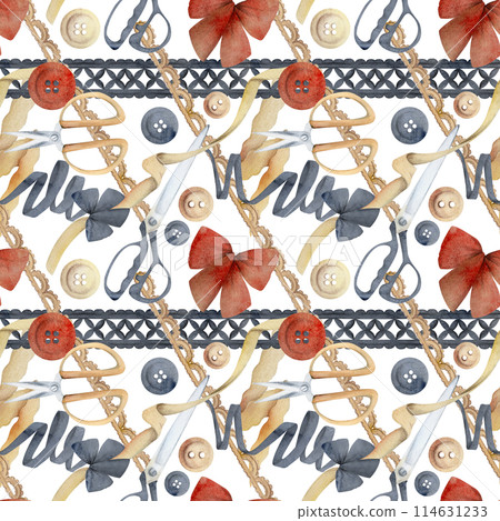 Hand drawn watercolor illustration sewing craft supplies. Fabric scissors snaps, wooden buttons ribbon lace, indigo beige red. Seamless pattern isolated white background. Atelier, tailor, hobby shop Hand drawn watercolor illustration sewing craft supplies. Fabric scissors snaps, wooden buttons ribbon lace, indigo beige red. Seamless pattern isolated white background. Atelier, tailor, hobby shop 114631233