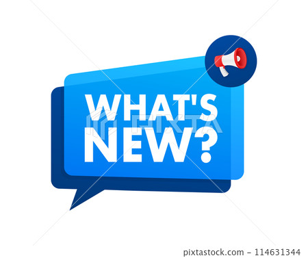 Whats new text with Megaphone label. Megaphone in hand promotion banner. Marketing and advertising. Whats new text with Megaphone label. Megaphone in hand promotion banner. Marketing and advertising. 114631344