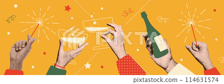 Human hands holding drinks, sparklers, bottle of champagne. People celebrate event together. 2025 New Year or Christmas party. Vintage halftone zine collage. Vector illustration. 114631574