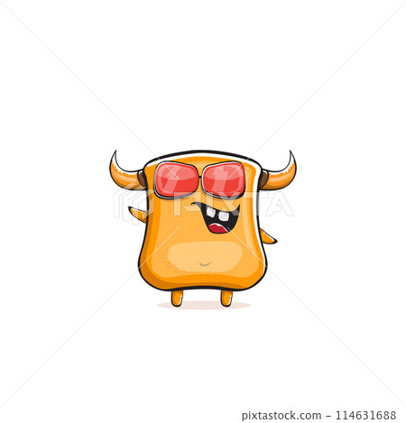 Vector cartoon funny summer orange monster with sunglasses isolated on transparent background. Smiling silly orange monster print sticker design template. Gremlin, goblin, devil and monster 114631688