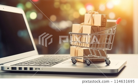 shopping cart with laptop 114631695