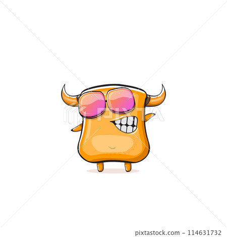 Vector cartoon funny summer orange monster with sunglasses isolated on transparent background. Smiling silly orange monster print sticker design template. Gremlin, goblin, devil and monster Vector cartoon funny summer orange monster with sunglasses isolated on transparent background. Smiling silly orange monster print sticker design template. Gremlin, goblin, devil and monster 114631732