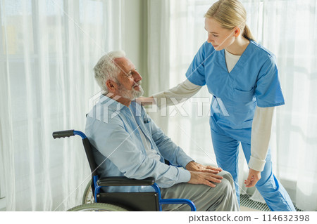 Help support retirement healthcare. Nurse helping old man in wheelchair. Patient and woman in nursing home for medical caregiver. Nurse taking care of paralyzed man in chair for people with disability Help support retirement healthcare. Nurse helping old man in wheelchair. Patient and woman in nursing home for medical caregiver. Nurse taking care of paralyzed man in chair for people with disability 114632398