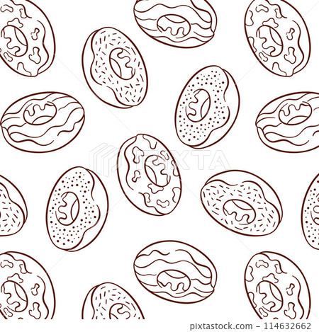 Donut seamless pattern in line art style. Hand drawn background with sweets and bakery. Design for cafe, restaurants, package. Vector illustration. 114632662