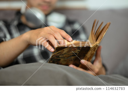 Man relaxing on couch in living room and reading book. Hobby, leisure and knowledge concept 114632783