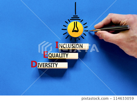 DEI diversity equality inclusion symbol. Concept words DEI diversity equality inclusion on blocks. Beautiful blue background. Business DEI diversity equality inclusion concept. Copy space. 114633059