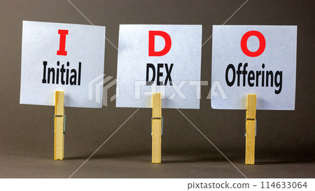 IDO initial DEX offering symbol. Concept words IDO initial DEX offering on beautiful white paper. Beautiful grey background. Business IDO initial DEX offering concept. Copy space. IDO initial DEX offering symbol. Concept words IDO initial DEX offering on beautiful white paper. Beautiful grey background. Business IDO initial DEX offering concept. Copy space. 114633064
