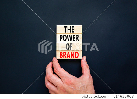 The power of brand symbol. Concept words The power of brand on beautiful wooden block. Beautiful black table black background. Businessman hand. Business the power of brand concept. Copy space. 114633068