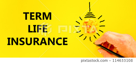 Term life insurance symbol. Concept words Term life insurance on beautiful yellow paper. Beautiful yellow background. Light bulb icon. Doctor hand. Medical term life insurance concept. Copy space 114633108