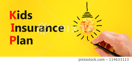 KIP kids insurance plan symbol. Concept words KIP kids insurance plan on beautiful yellow paper. Beautiful yellow background. Businessman hand. Business KIP kids insurance plan concept. Copy space. 114633113