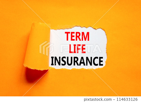Term life insurance symbol. Concept words Term life insurance on beautiful white paper. Beautiful orange paper background. Medical term life insurance concept. Copy space. Term life insurance symbol. Concept words Term life insurance on beautiful white paper. Beautiful orange paper background. Medical term life insurance concept. Copy space. 114633126