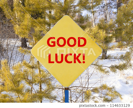 Good luck symbol. Concept words Good luck on beautiful yellow road sign. Beautiful forest snow blue sky background. Business, motivational good luck concept. Copy space. 114633129