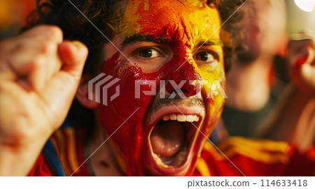 a soccer fan, their face painted in the colors of the portugal flag, erupting into jubilant celebration a soccer fan, their face painted in the colors of the portugal flag, erupting into jubilant celebration 114633418