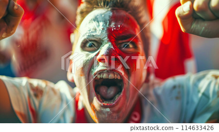 a soccer fan, their face painted in the colors of the portugal flag, erupting into jubilant celebration 114633426