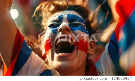 a soccer fan, their face painted in the colors of the portugal flag, erupting into jubilant celebration 114633434