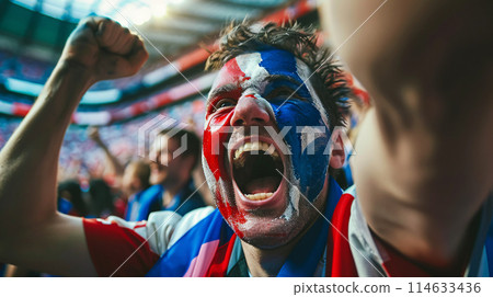 a soccer fan, their face painted in the colors of the portugal flag, erupting into jubilant celebration 114633436