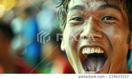 photo of a passionate soccer fan, captured in a moment of pure exhilaration as they cheer on their team 114633557