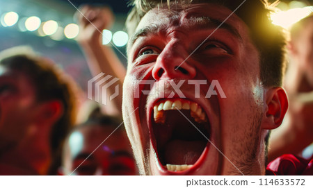 photo of a passionate soccer fan, captured in a moment of pure exhilaration as they cheer on their team 114633572