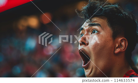photo of a passionate soccer fan, captured in a moment of pure exhilaration as they cheer on their team 114633574