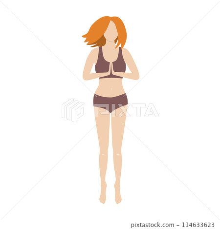 Portrait of calm beautiful young woman standing with hands in namaste. Yoga, relaxation. meditation pose. Vector isolated illustration Portrait of calm beautiful young woman standing with hands in namaste. Yoga, relaxation. meditation pose. Vector isolated illustration 114633623