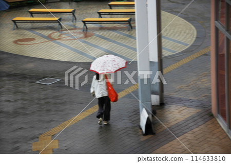 一個女人撐著雨傘衝過去的背影。長凳又濕又冷。 114633810