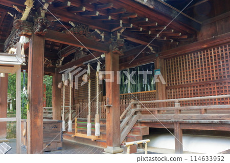 Muko-Jinja Shinto Shrine in Muko City of Kyoto Japan. Founded in the year 718 by the Mutobe clan as requested by Emperor Jinmu. Its design was copied by the Meiji Jingu in Tokyo. Muko-Jinja Shinto Shrine in Muko City of Kyoto Japan. Founded in the year 718 by the Mutobe clan as requested by Emperor Jinmu. Its design was copied by the Meiji Jingu in Tokyo. 114633952
