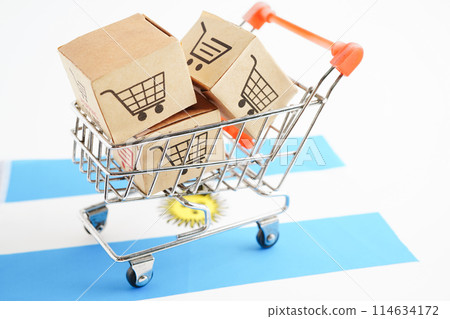Online shopping, Shopping cart box on Argentina flag, import export, finance commerce. Online shopping, Shopping cart box on Argentina flag, import export, finance commerce. 114634172