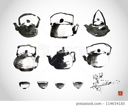 Collection of sumi-e style ink wash paintings of teapots and cups, arranged on a white background. Translation of hieroglyph - tea 114634185