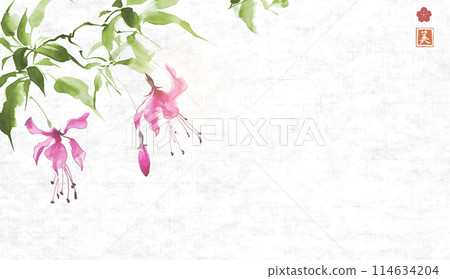 Minimalist painting of pink fuchsia flowers on white background. Traditional oriental ink painting sumi-e, u-sin, go-hua on rice paper background. Hieroglyph - beauty. Minimalist painting of pink fuchsia flowers on white background. Traditional oriental ink painting sumi-e, u-sin, go-hua on rice paper background. Hieroglyph - beauty. 114634204