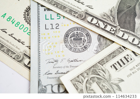 Euro and US dollar banknote cash money, finance economic banking business exchange market concept. Euro and US dollar banknote cash money, finance economic banking business exchange market concept. 114634233