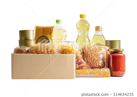 Foodstuffs in donation box isolated on white background for volunteer to help people. Foodstuffs in donation box isolated on white background for volunteer to help people. 114634235