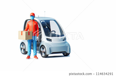 3D courier, delivery man in uniform with box on a electric car isolated on white background. Fast transport express home delivery. 114634291