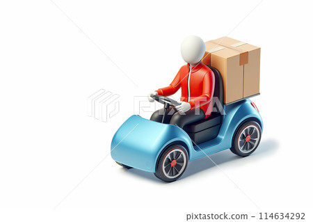 3D courier, delivery man in uniform with box on a electric car isolated on white background. Fast transport express home delivery. 114634292