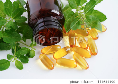 Alternative medicine herbal organic capsule with vitamin E omega 3 fish oil, mineral, drug with herbs leaf natural supplements for healthy good life. 114634390