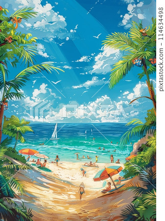 Vibrant Summer Beach Scene Linocut Print with Palms and Sailboat 114634498