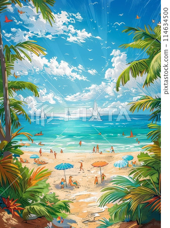 Tropical Beach Paradise Linocut Print with Sailboats and Palms 114634500