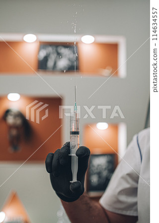 A doctor in black gloves releases air from a syringe 114634557