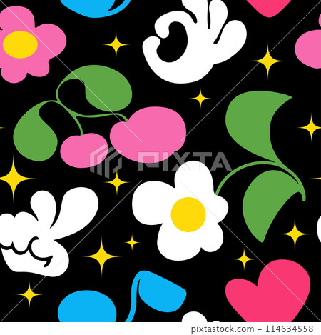 Naive playful cartoon seamless pattern. Cherry, music, star, daisy, vintage hands in the trendy cartoon retro style. Aesthetics of brutalism. Vector illustration with wavy geometric shapes. 114634558