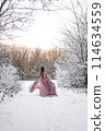 Girl in a pink dress in a winter snowy forest 114634559