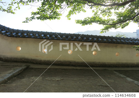 夕陽下的臼杵城（二之丸大手口中門附近的白牆與土牆之間的槍砲空間） 114634608