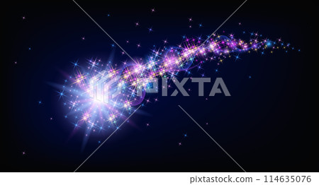 Flying sparkling comet with curved glowing dust tail  in the starry night sky. Star dust trail with shining stars. Space research concept. 114635076