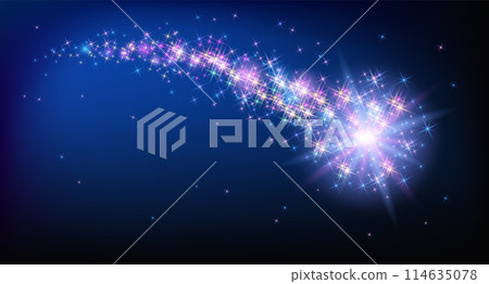Flying sparkling comet with curved glowing dust tail  in the starry night sky. Star dust trail with shining stars. Space research concept. 114635078