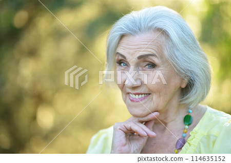 Close up portrait of happy smiling senior woman in park Close up portrait of happy smiling senior woman in park 114635152