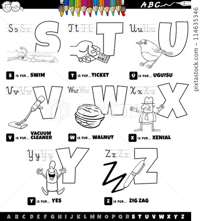 educational cartoon alphabet set from S to Z color book page educational cartoon alphabet set from S to Z color book page 114635346